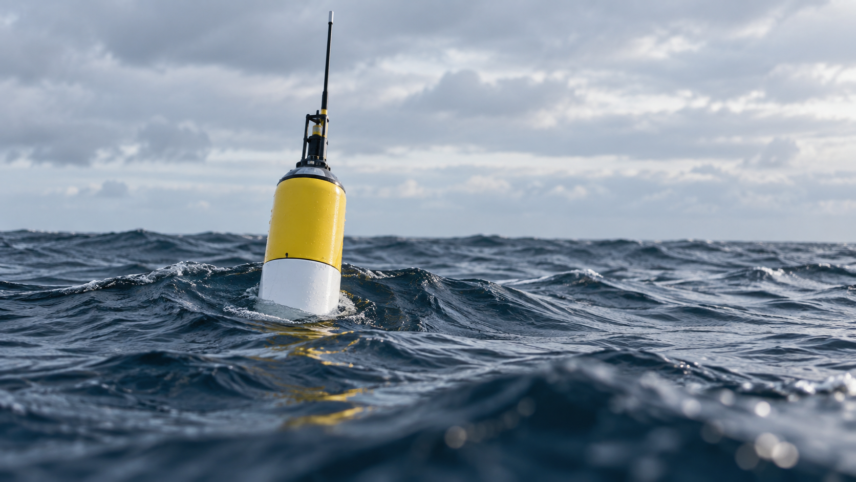 Flotteur profileur autonome jaune et blanc à la surface d'une mer agitée, antenne dressée