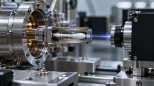 Un coton-tige stérile enfermé dans un porte-échantillon métallique relié à un banc laser de laboratoire.