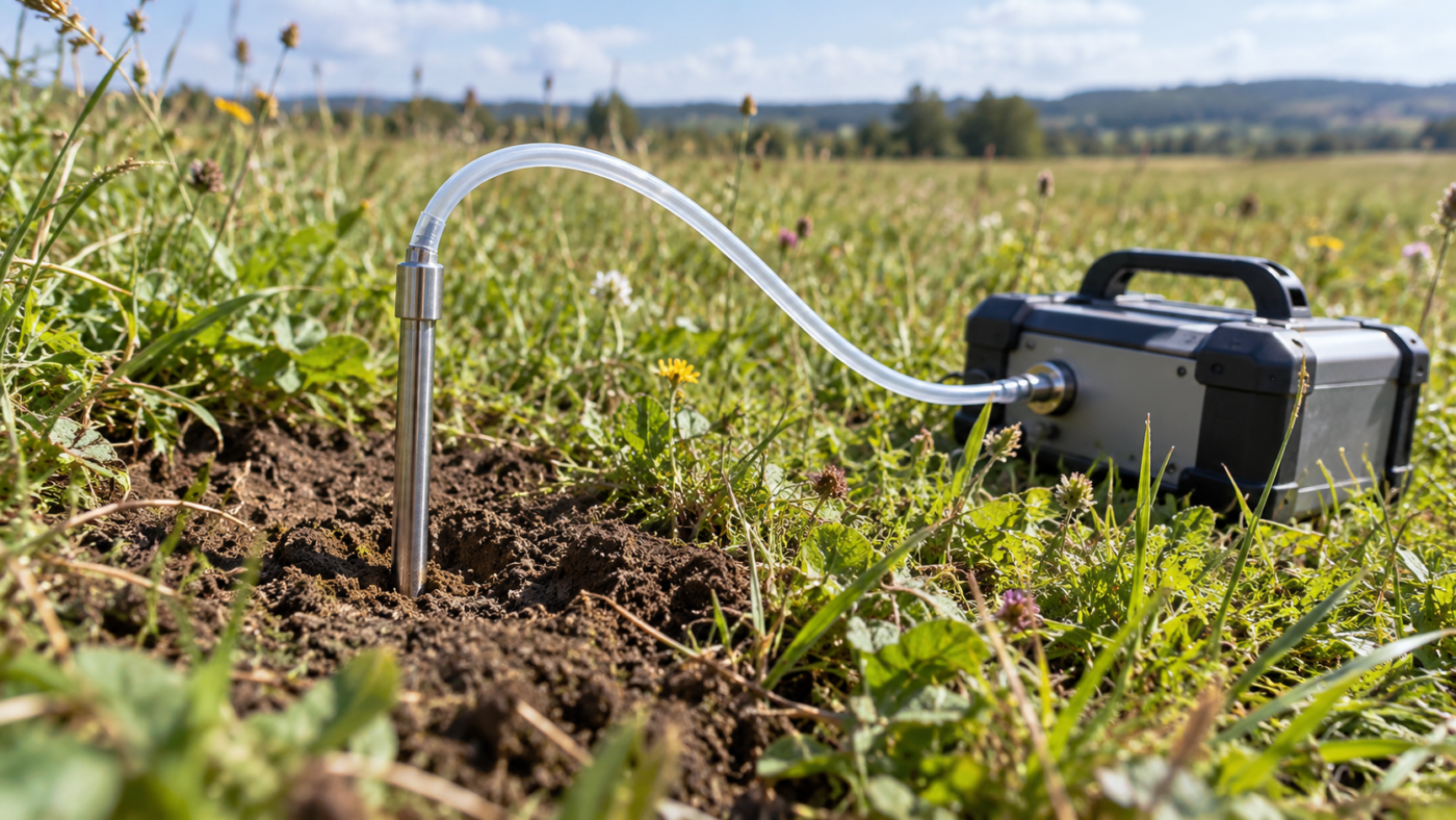 Un fin tube d’acier enfoncé dans la terre d’une prairie, relié par un tuyau souple à une petite pompe posée dans l’herbe.