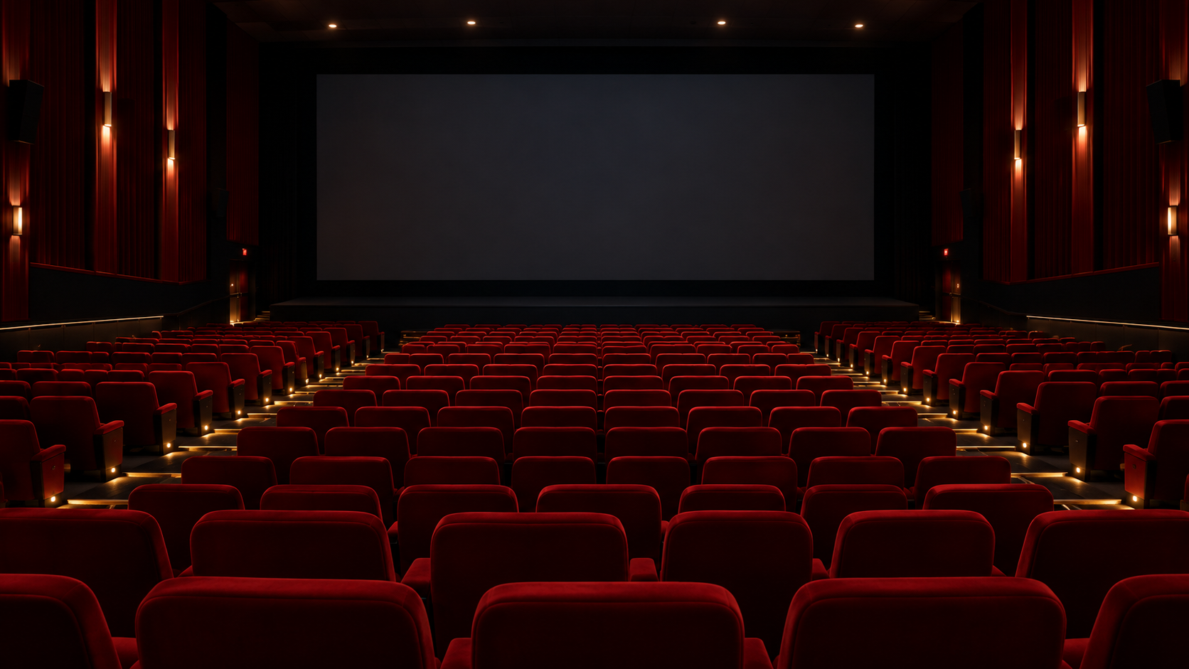Une grande salle de cinéma vide après la dernière séance, écran éteint, rangées de fauteuils rouges éclairées par les veilleuses d’allée.