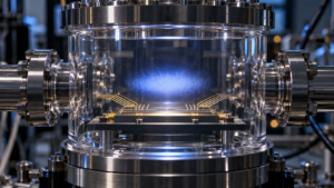 Cellule à vide en verre où flotte un nuage bleuté d’atomes ultrafroids, juste au-dessus d’une puce parcourue de fils d’or.
