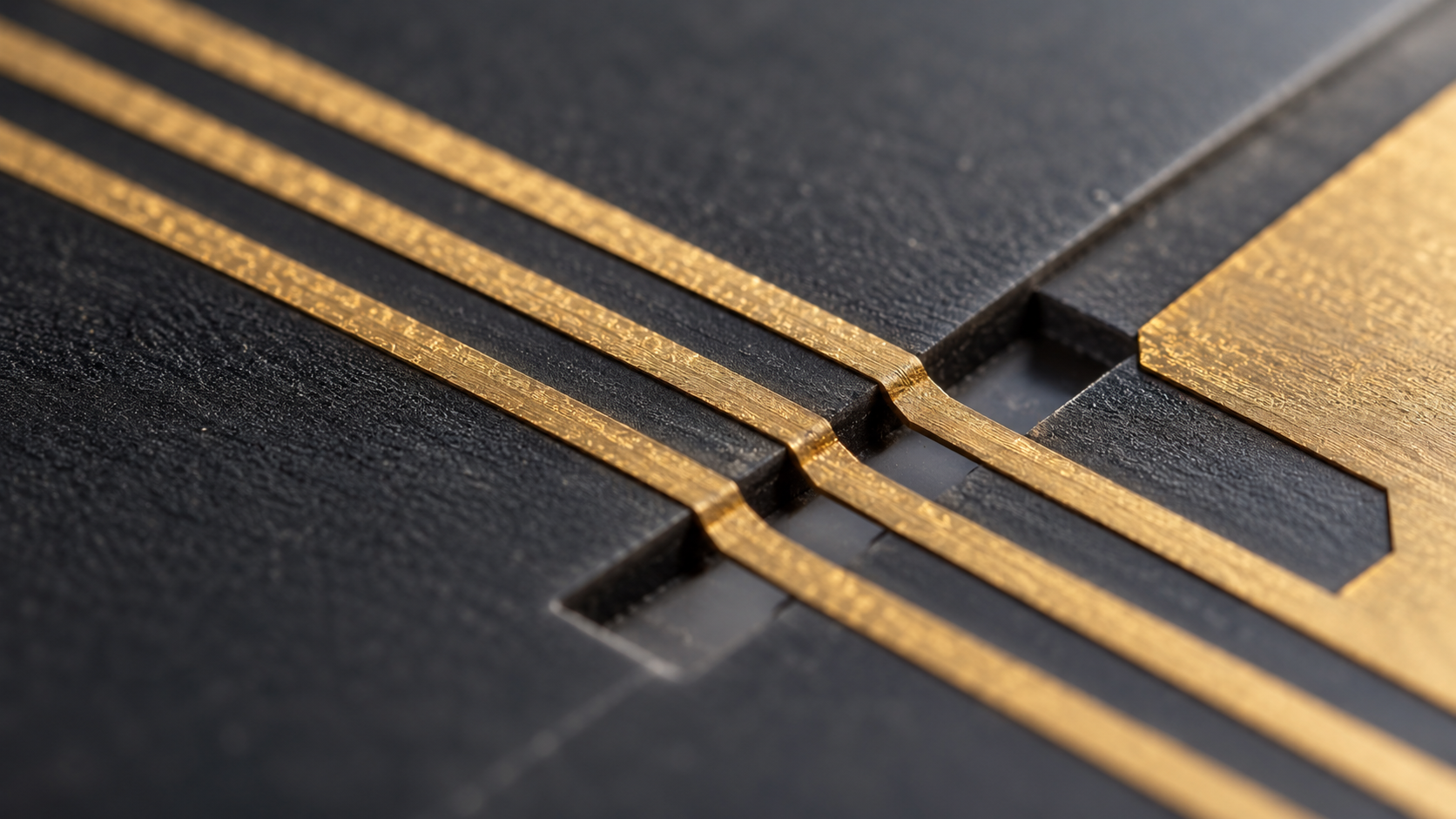 Gros plan sur trois microfils d’or parallèles gravés à la surface d’une puce atomique.