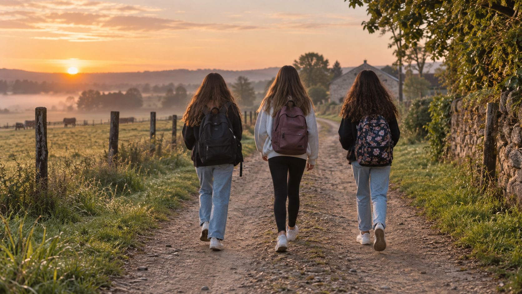 Trois adolescentes de dos, cartable à l’épaule, marchent sur une piste de terre au petit matin.