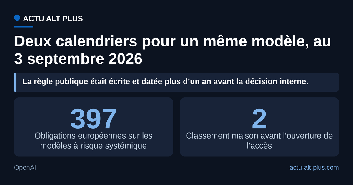 Le jour où l’accès s’ouvre, le cadre européen sur les modèles à risque systémique s’applique depuis 397 jours, quand le classement maison, lui, précède la sortie de deux jours. Limite : les deux durées ne mesurent pas la même grandeur, l’une est l’ancienneté d’une règle publique, l’autre l’intervalle entre deux annonces d’entreprise.