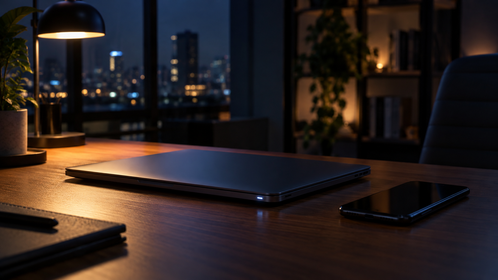 Ordinateur portable fermé sur un bureau la nuit, une diode allumée sur la tranche, un téléphone posé à côté.