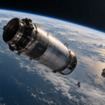 La courbure de la Terre vue depuis l’orbite basse, avec des fragments métalliques et un étage de fusée en rotation qui accrochent la lumière.