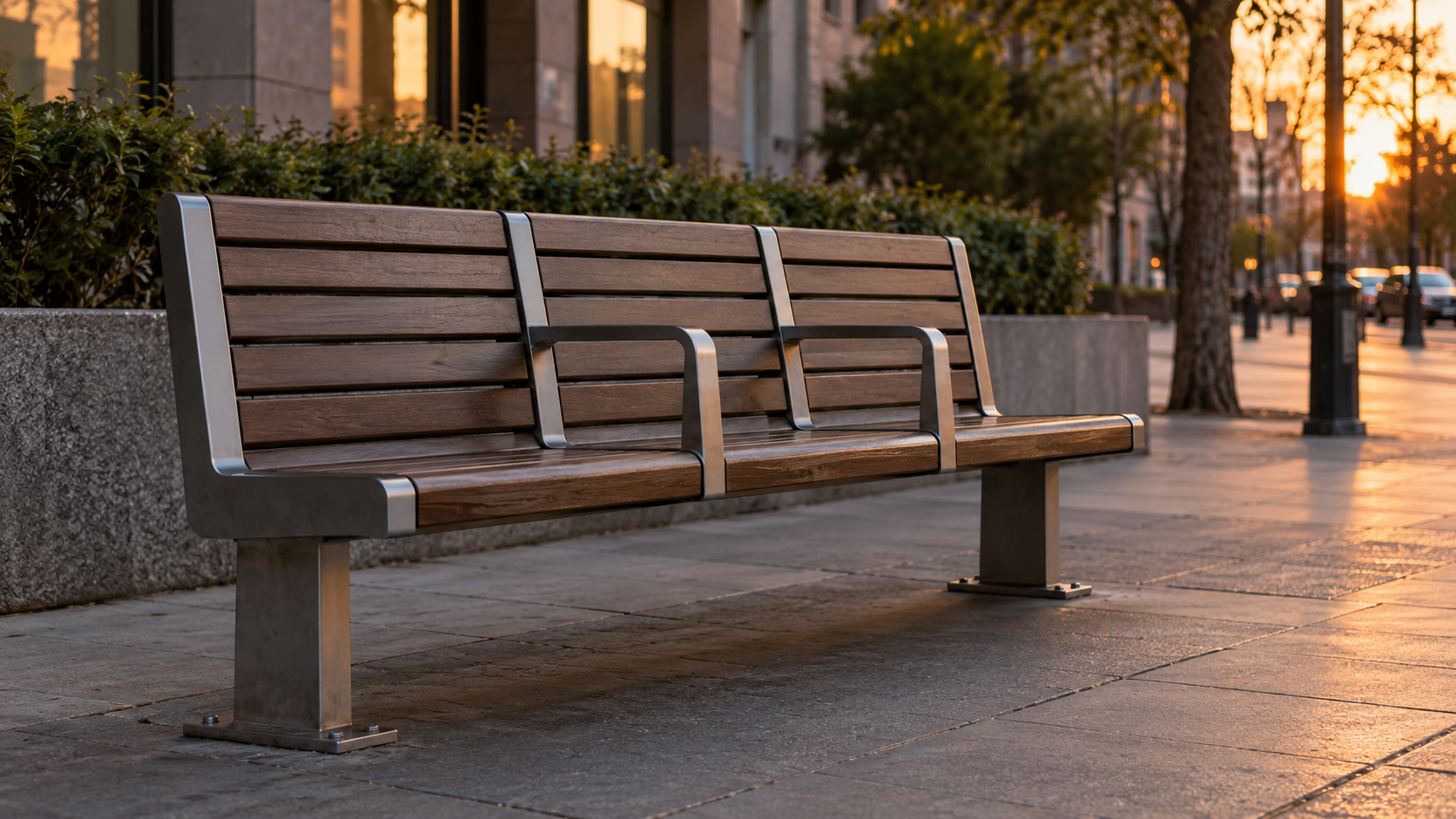 Banc public urbain vide, divisé en trois assises par des accoudoirs métalliques, sur un trottoir en fin de journée.