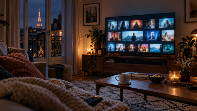 Salon français de nuit, un téléviseur allumé affiche une grille de vignettes de séries, une tasse vide posée sur la table basse.