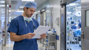 Un anesthésiste en tenue de bloc relit une fiche de préparation dans le couloir d’un service de chirurgie.
