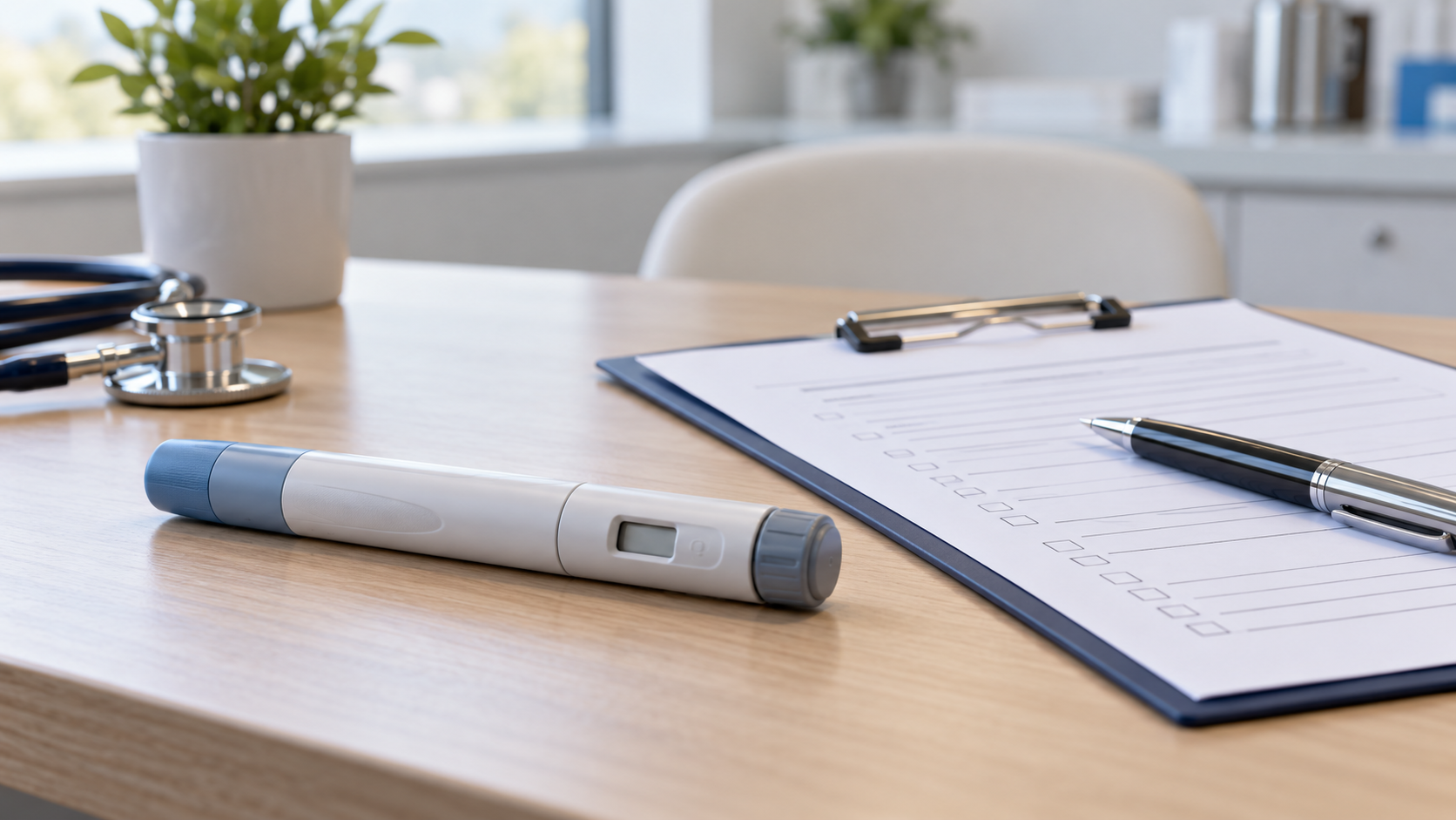Un stylo injecteur posé sur un bureau de consultation, à côté d’un questionnaire médical vierge et d’un stylo.