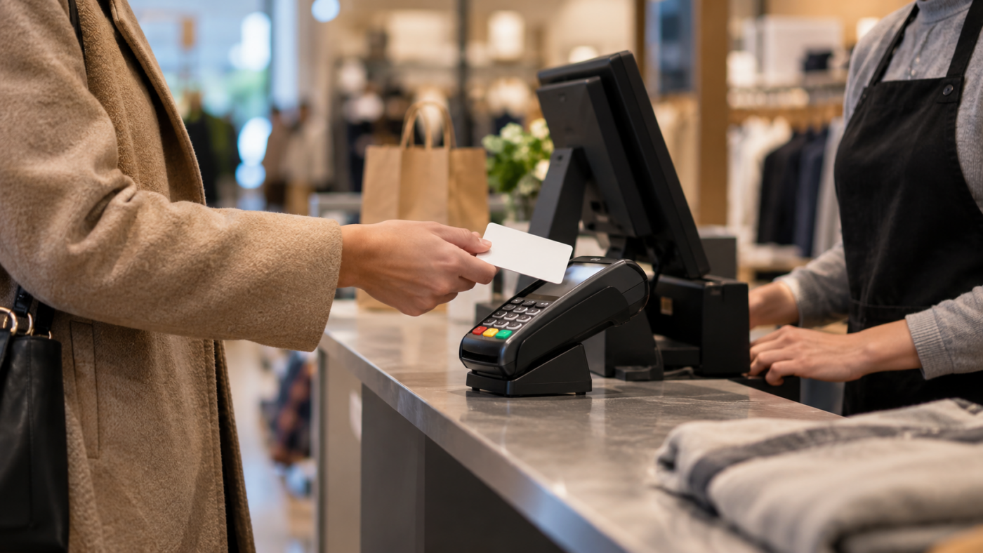 Mains d’un client tendant une carte bancaire au-dessus d’un terminal de paiement, à la caisse d’un magasin.
