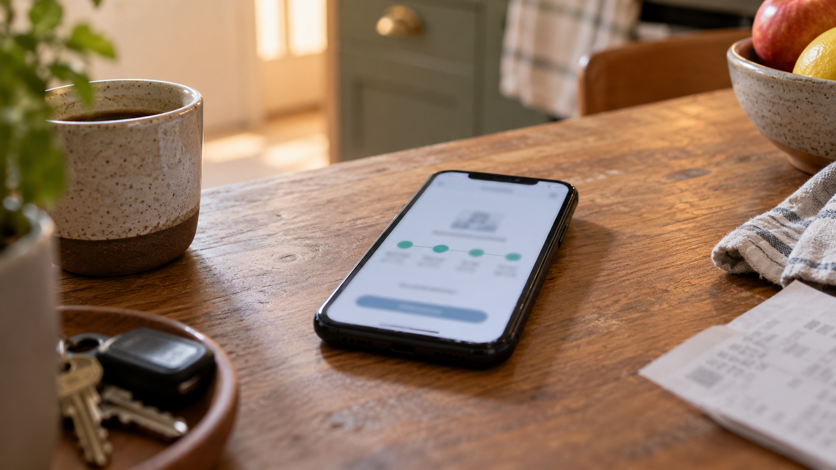 Téléphone posé sur une table de cuisine, affichant un écran de paiement en ligne découpé en quatre échéances.