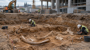Fosse de fouille ouverte au pied d’un chantier urbain, où de grands os pâles affleurent dans un sédiment ocre quadrillé de ficelles.