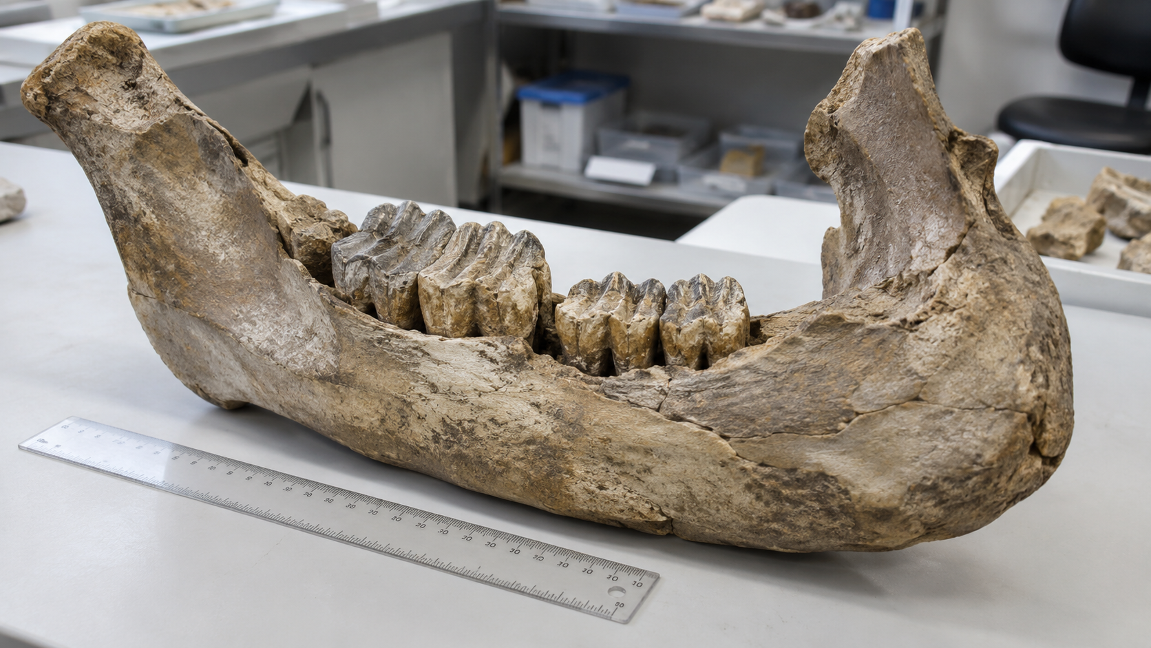 Grande mandibule de mammouth aux molaires usées, posée sur une table de laboratoire à côté d’une règle graduée.
