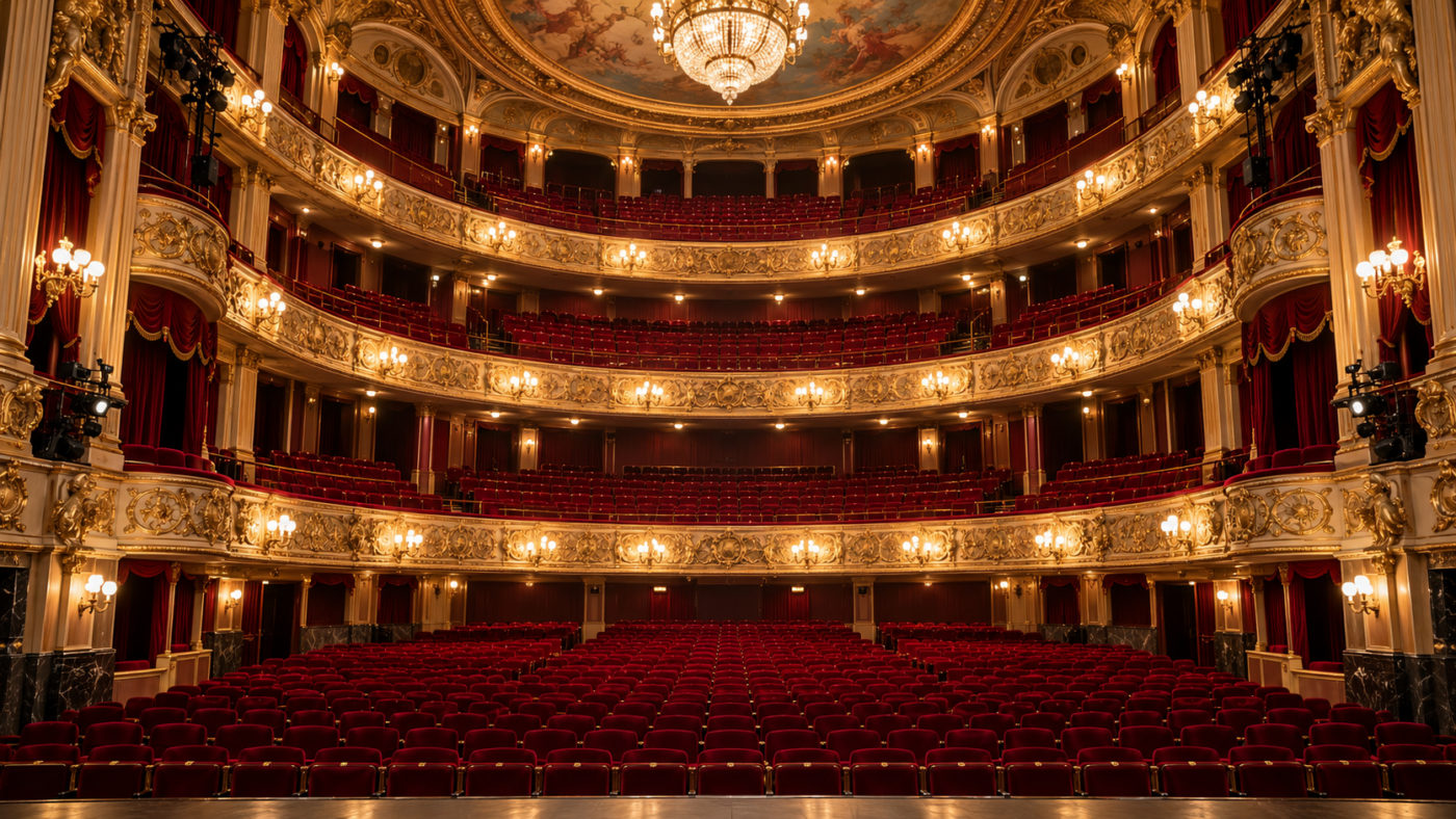 Auditorium vide d’un théâtre à l’italienne, balcons dorés et fauteuils de velours rouge.