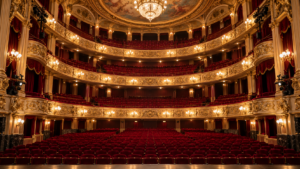 Auditorium vide d’un théâtre à l’italienne, balcons dorés et fauteuils de velours rouge.