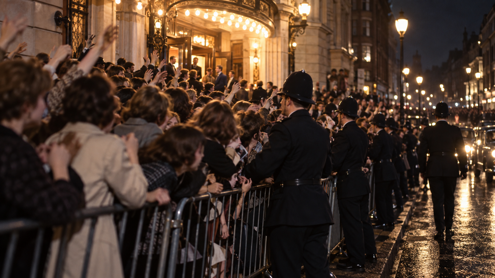 Foule de jeunes spectateurs pressés contre des barrières devant l’entrée d’un théâtre londonien la nuit, policiers en ligne.
