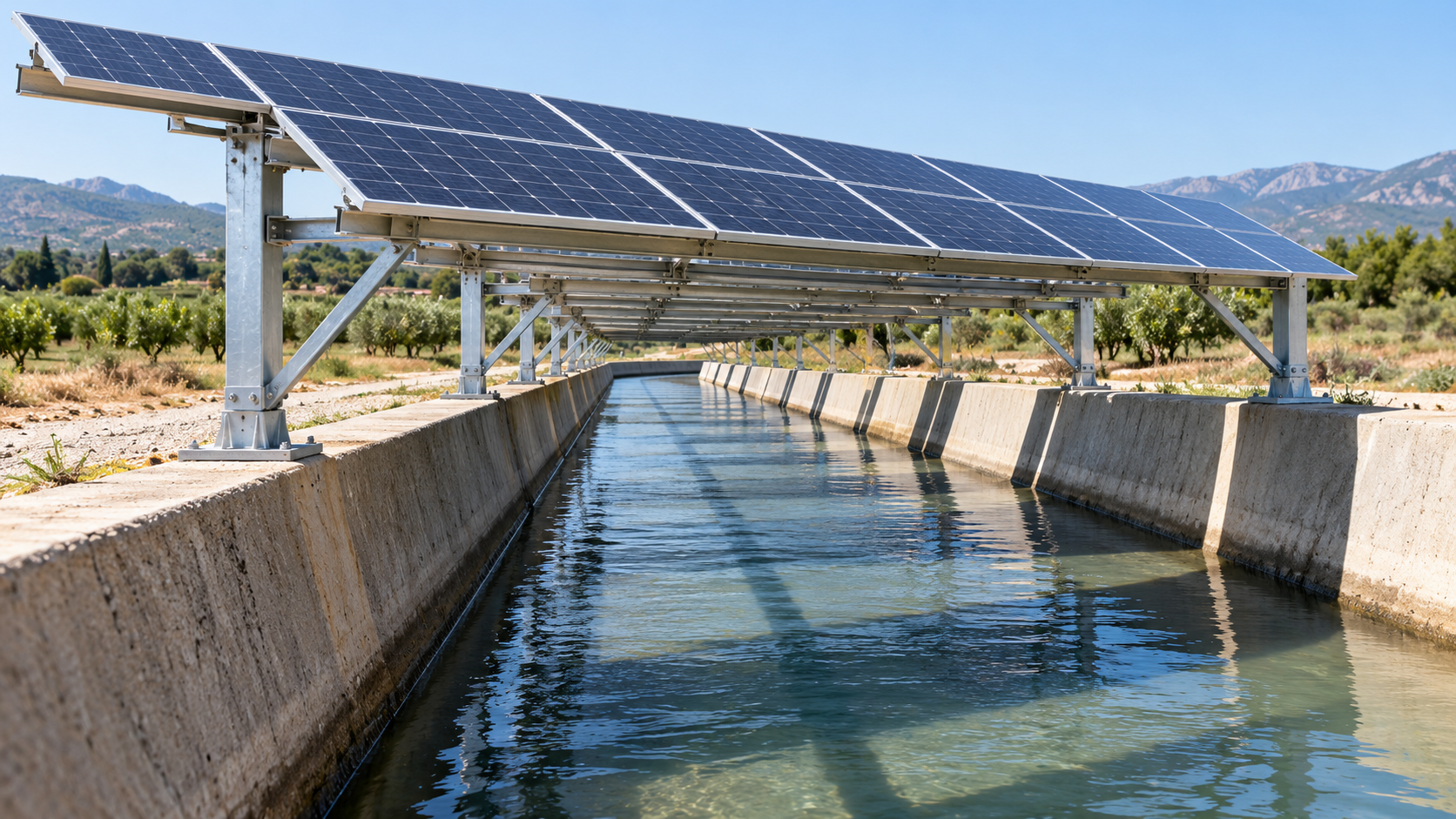 Des panneaux solaires inclinés posés sur une armature légère juste au-dessus d’un canal en béton étroit.