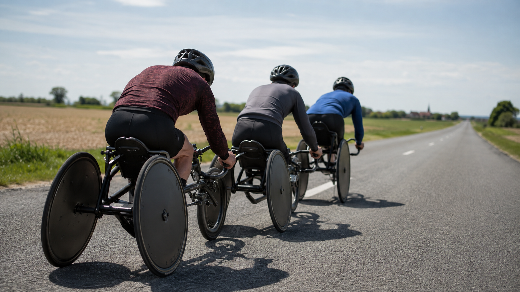 Trois para-cyclistes roulent roue dans roue sur une route de campagne large et plate, vus de trois quarts arrière.