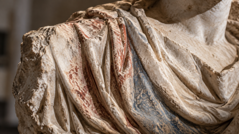 Gros plan sur un fragment de relief en marbre blanc dont les plis sculptés conservent des résidus de pigments, révélés par une lumière rasante.