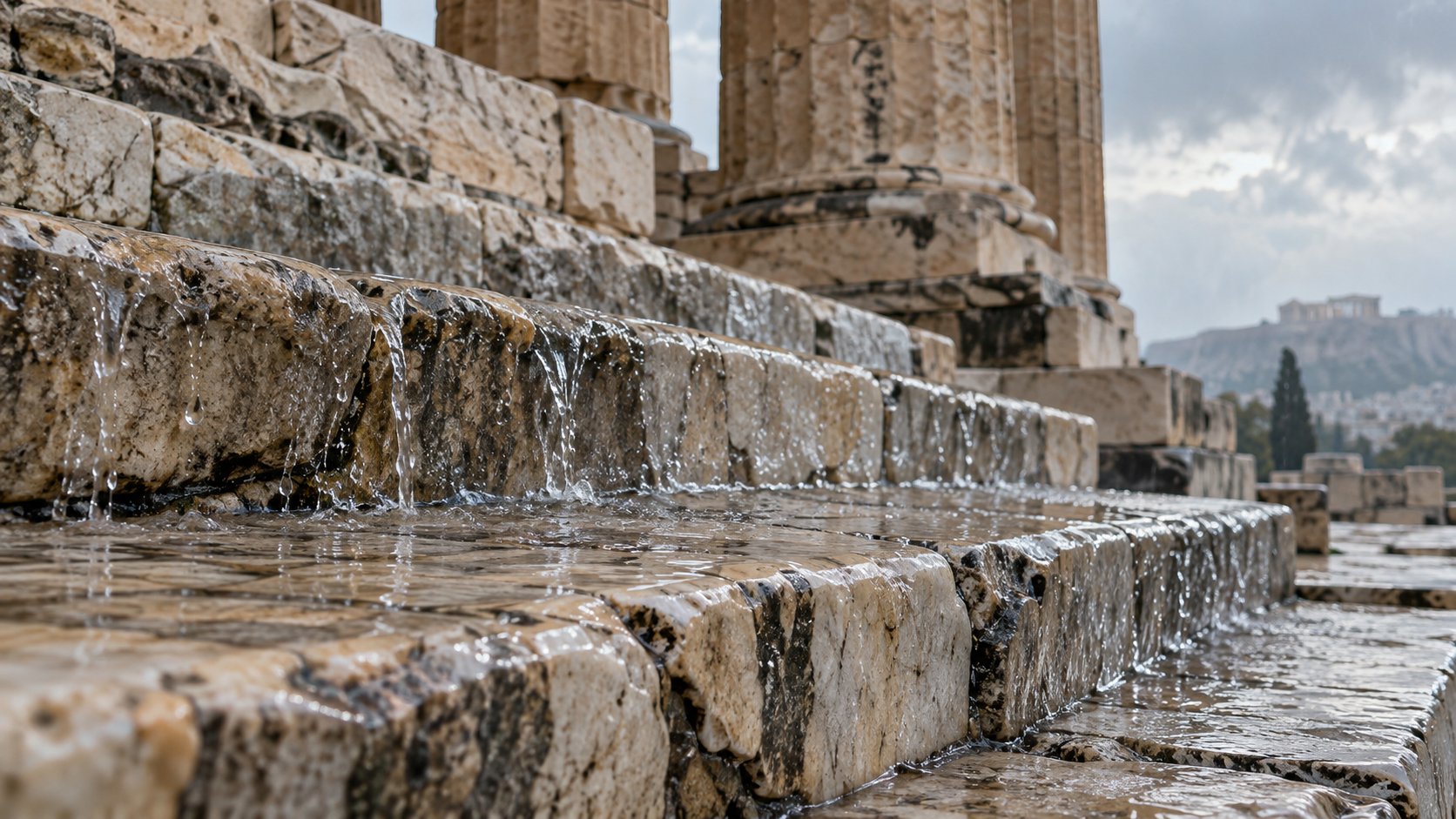 Gouttes de pluie ruisselant sur les marches de marbre usé d’un temple grec antique.