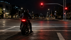 Un motard arrêté seul devant un feu rouge, casque sur la tête, à un carrefour urbain désert la nuit.
