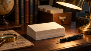 Fiches cartonnées vierges empilées sur un bureau, à côté d’un stylo plume, sous la lumière chaude d’une lampe.