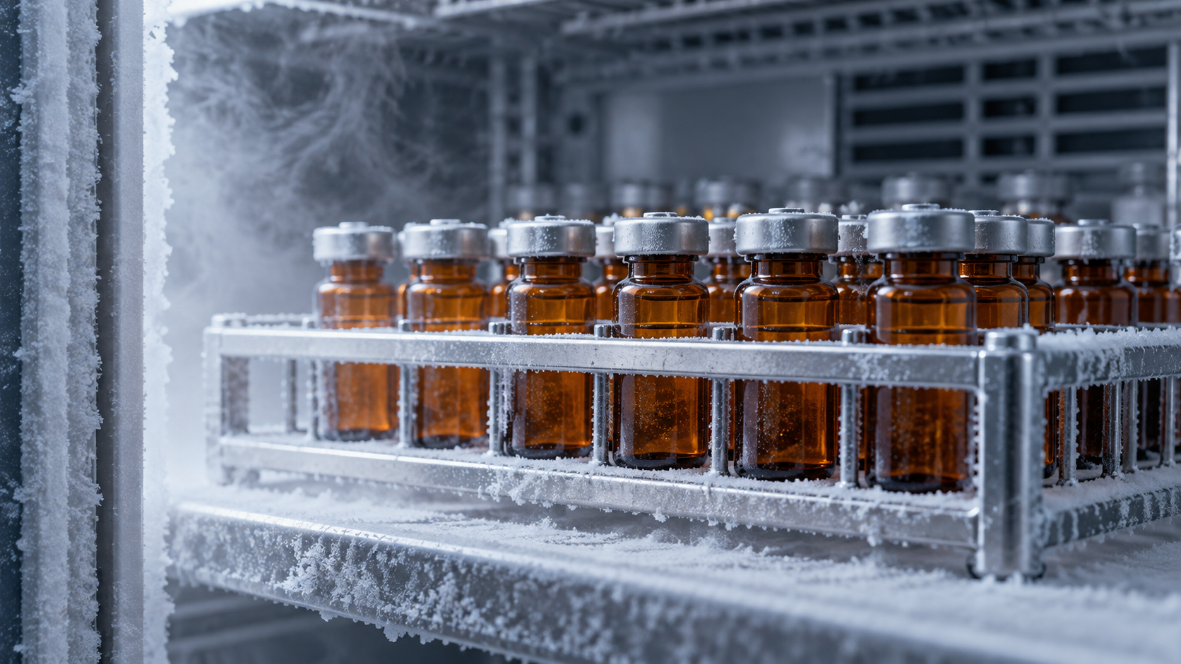 Flacons de sérum en verre ambré rangés dans un portoir métallique givré de congélateur de laboratoire.