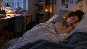 Jeune adulte endormi dans une petite chambre étudiante, bracelet connecté au poignet, bureau encombré de cahiers en arrière-plan.