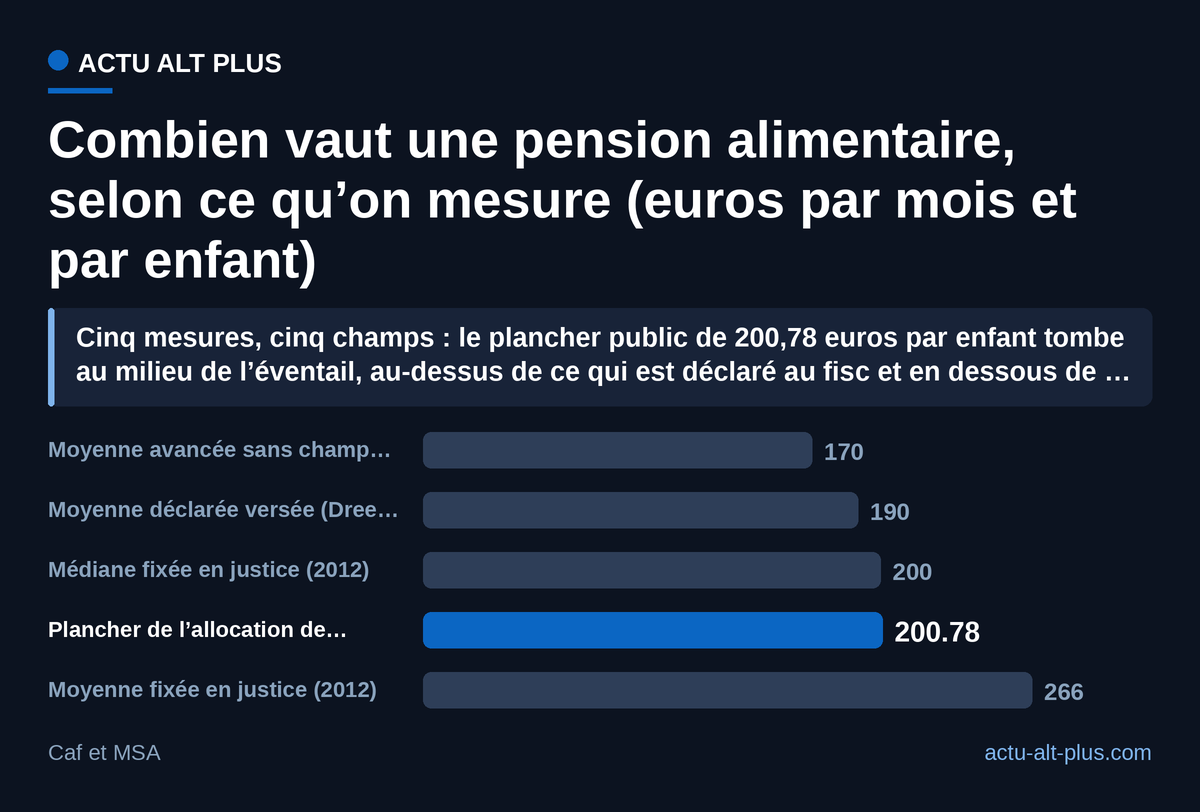 Selon la définition retenue, la pension alimentaire française vaut entre 170 et 266 euros par mois et par enfant : le montant fixé par un juge, le montant déclaré au fisc et le plancher d’allocation ne se recouvrent pas. Limites : les deux valeurs de justice portent sur des décisions rendues avant avril 2010 et ne sont pas actualisées de l’inflation ; le montant moyen de 170 euros est avancé par un dossier de presse qui n’en donne pas le champ.