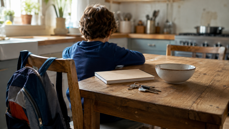 Table de cuisine française au matin, un cartable d’enfant accroché au dossier d’une chaise en bois, des clés et un carnet fermé près d’un bol vide.