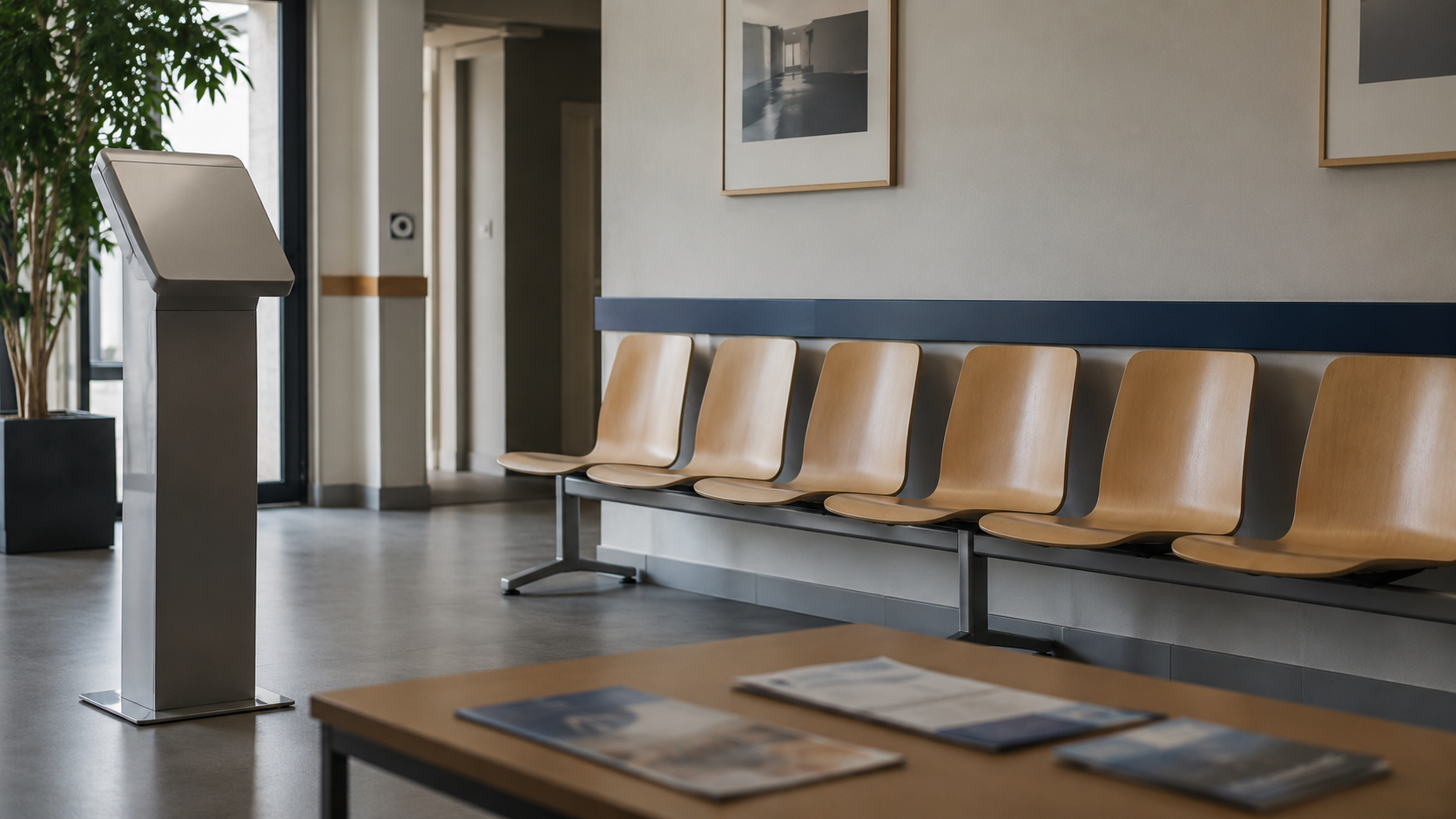 Salle d’attente vide d’un service public français, chaises en plastique alignées, distributeur de tickets et dépliants retournés sur une table basse.