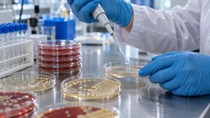 Des mains gantées prélèvent à la micropipette une solution de peptide, à côté de boîtes de culture bactérienne empilées.