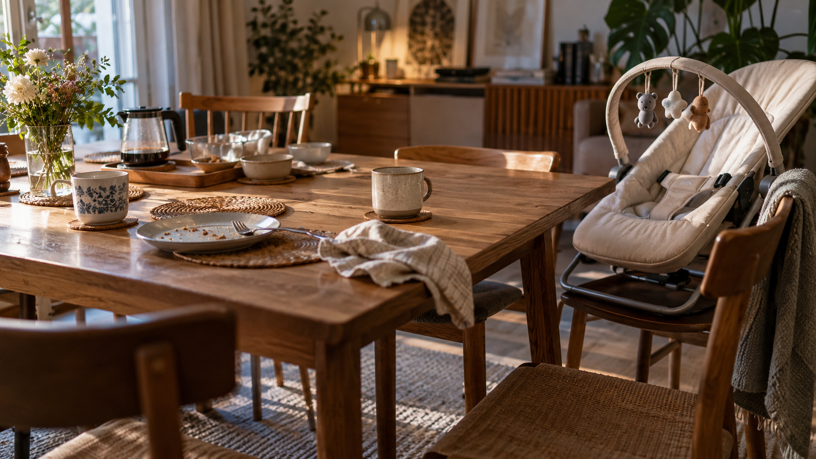 Une table de repas de famille desservie, deux tasses de café et un transat de bébé posé sur une chaise voisine.