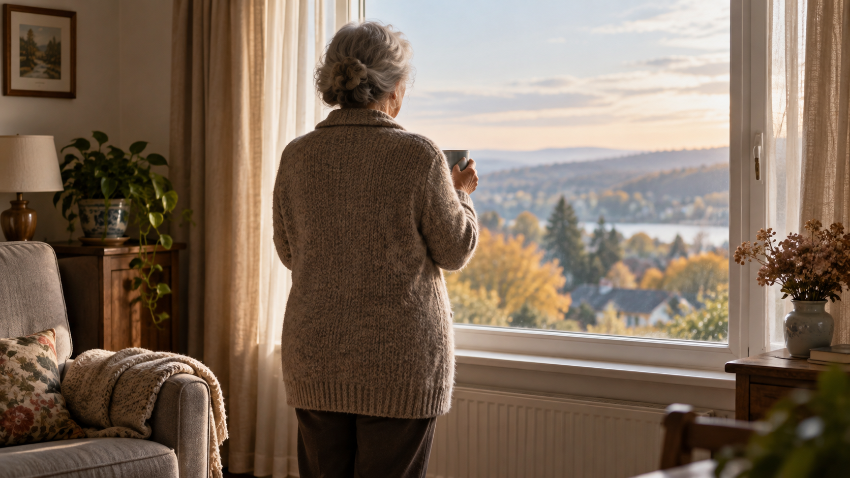 Femme âgée de dos devant une fenêtre, une tasse à la main, dans un salon modeste