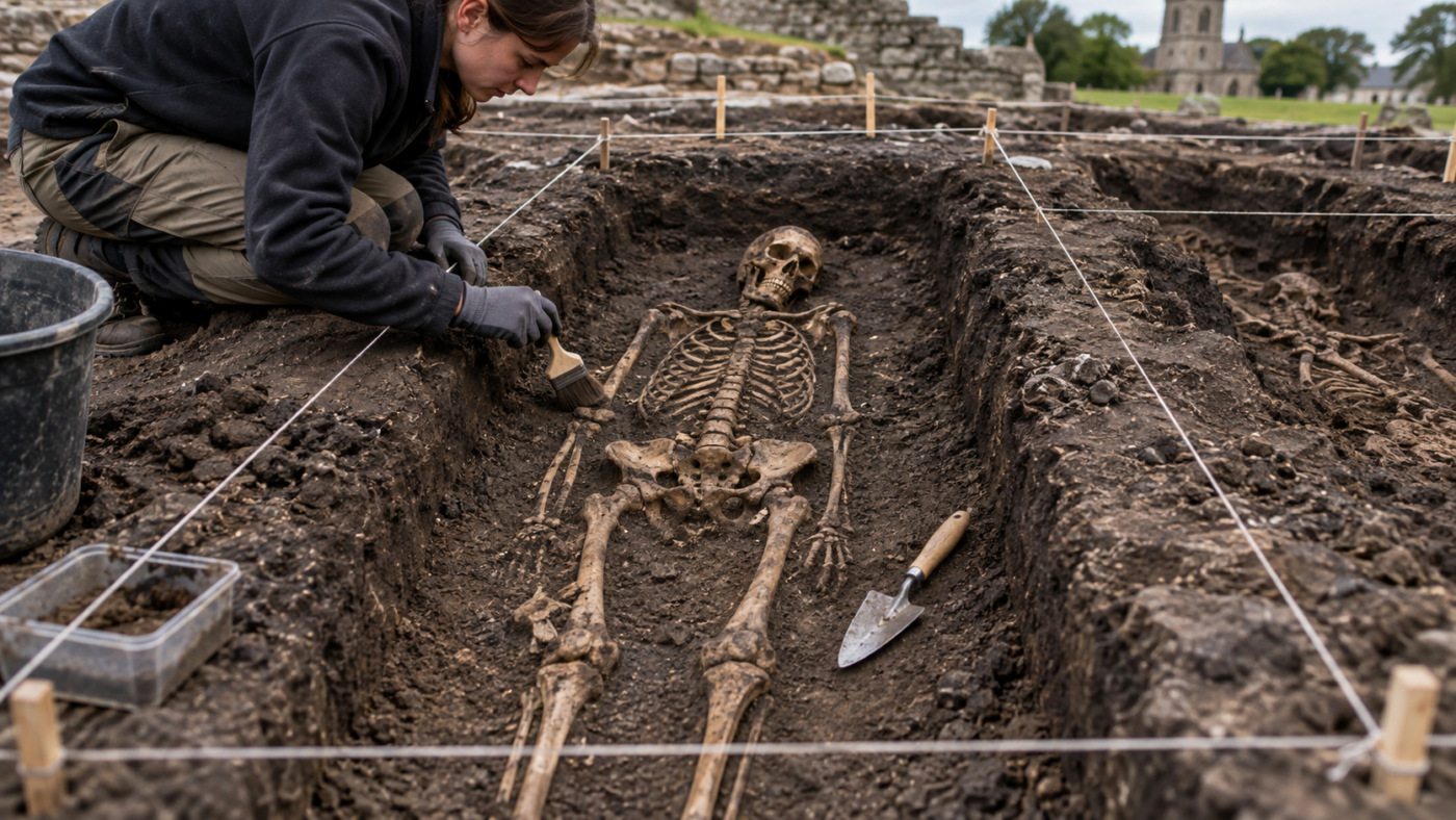 Fouille archéologique d’un cimetière médiéval : des ossements dégagés dans une tranchée quadrillée de ficelles, truelle et brosse posées sur la terre sombre.