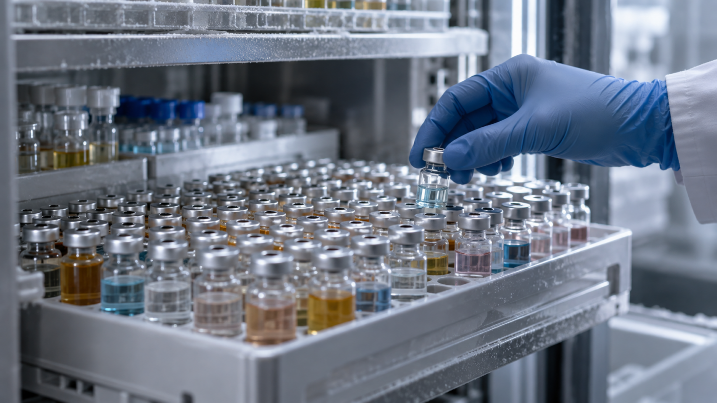 Portoir réfrigéré garni de dizaines de petits flacons de verre transparents, une main gantée en saisissant un, dans un laboratoire de microbiologie.