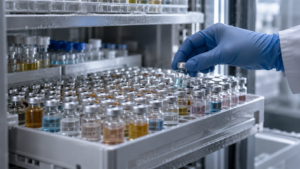 Portoir réfrigéré garni de dizaines de petits flacons de verre transparents, une main gantée en saisissant un, dans un laboratoire de microbiologie.
