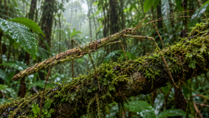 Un grand phasme brun-vert agrippé à une branche moussue dans une forêt tropicale humide.