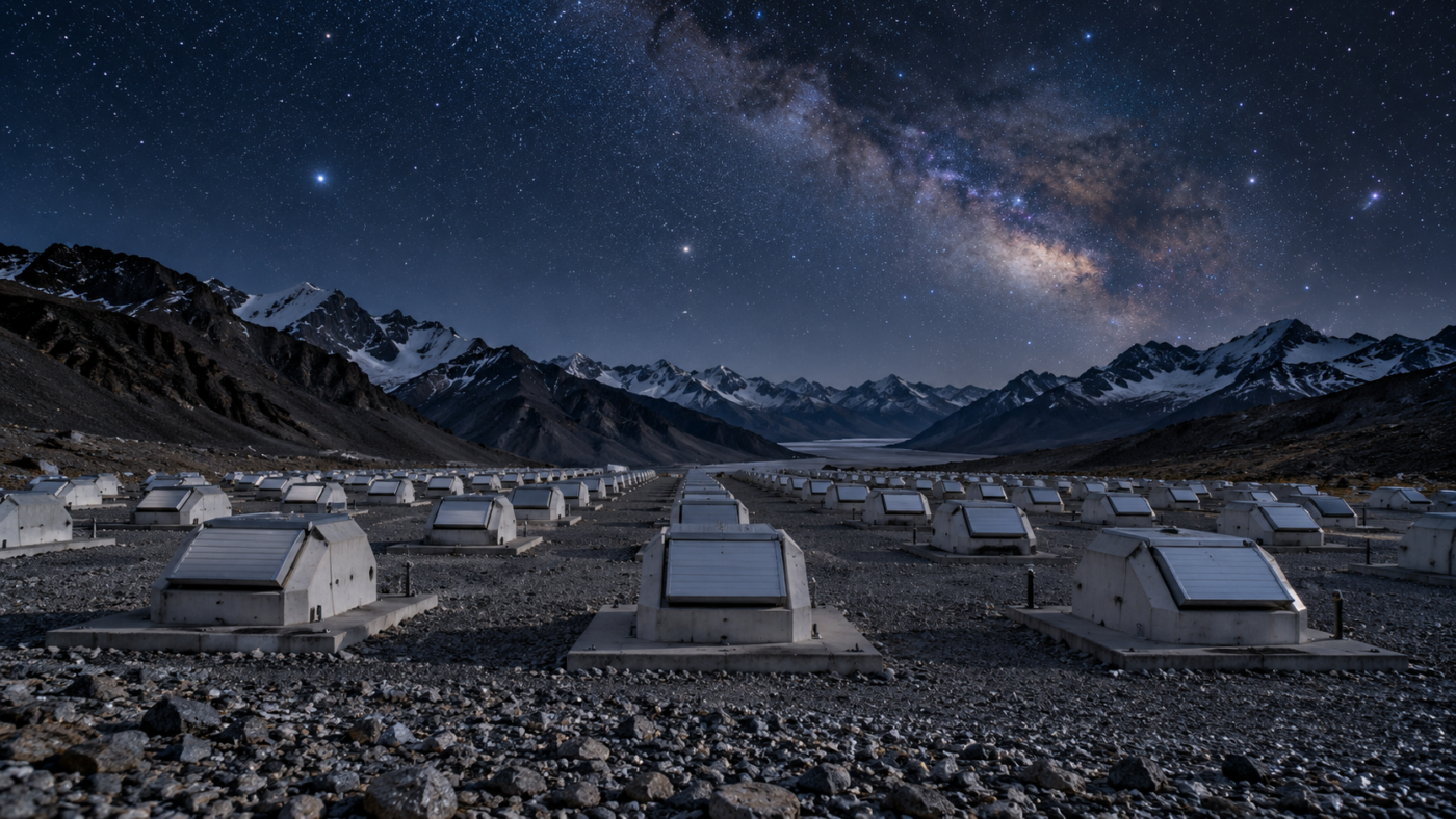 Des rangées de petits abris d’instruments en béton posés sur un champ de graviers, dans une vallée de montagne sous un ciel étoilé.