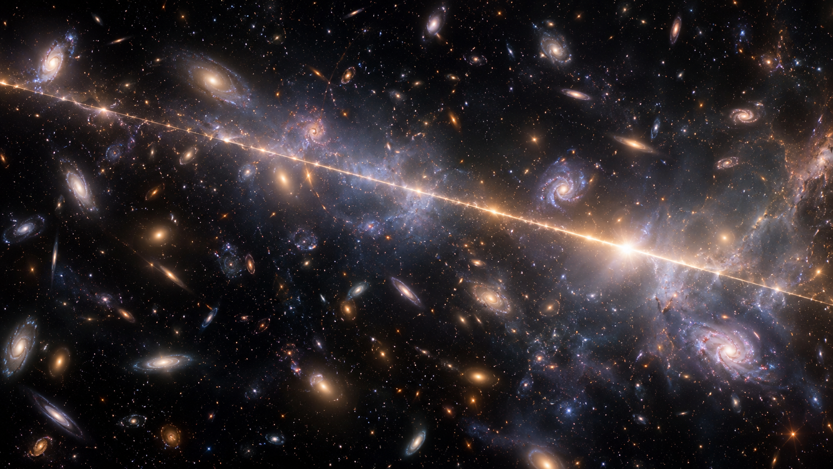Un mince trait de lumière traverse un champ de galaxies lointaines noyées dans une lueur de fond diffuse.