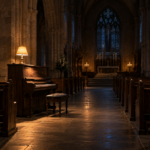 Un piano droit installé dans la nef d’une église de pierre, éclairé la nuit par une lampe, au milieu de bancs vides.