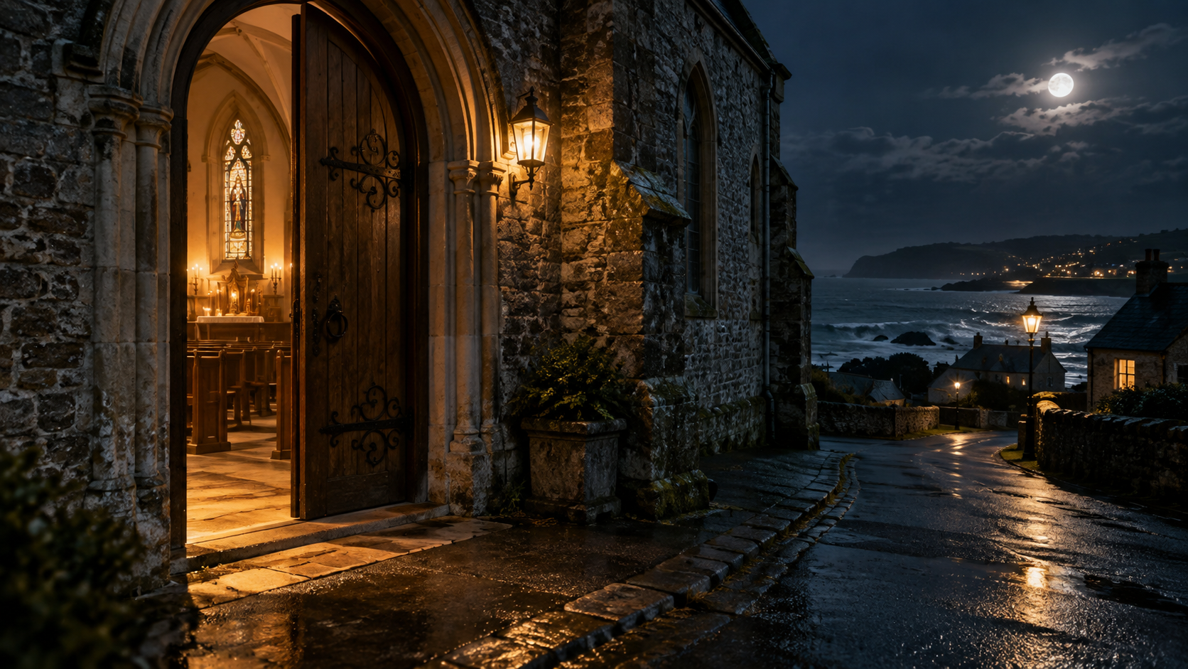 Une porte d’église en bois entrouverte la nuit sur une rue côtière déserte, lumière chaude venue de l’intérieur.
