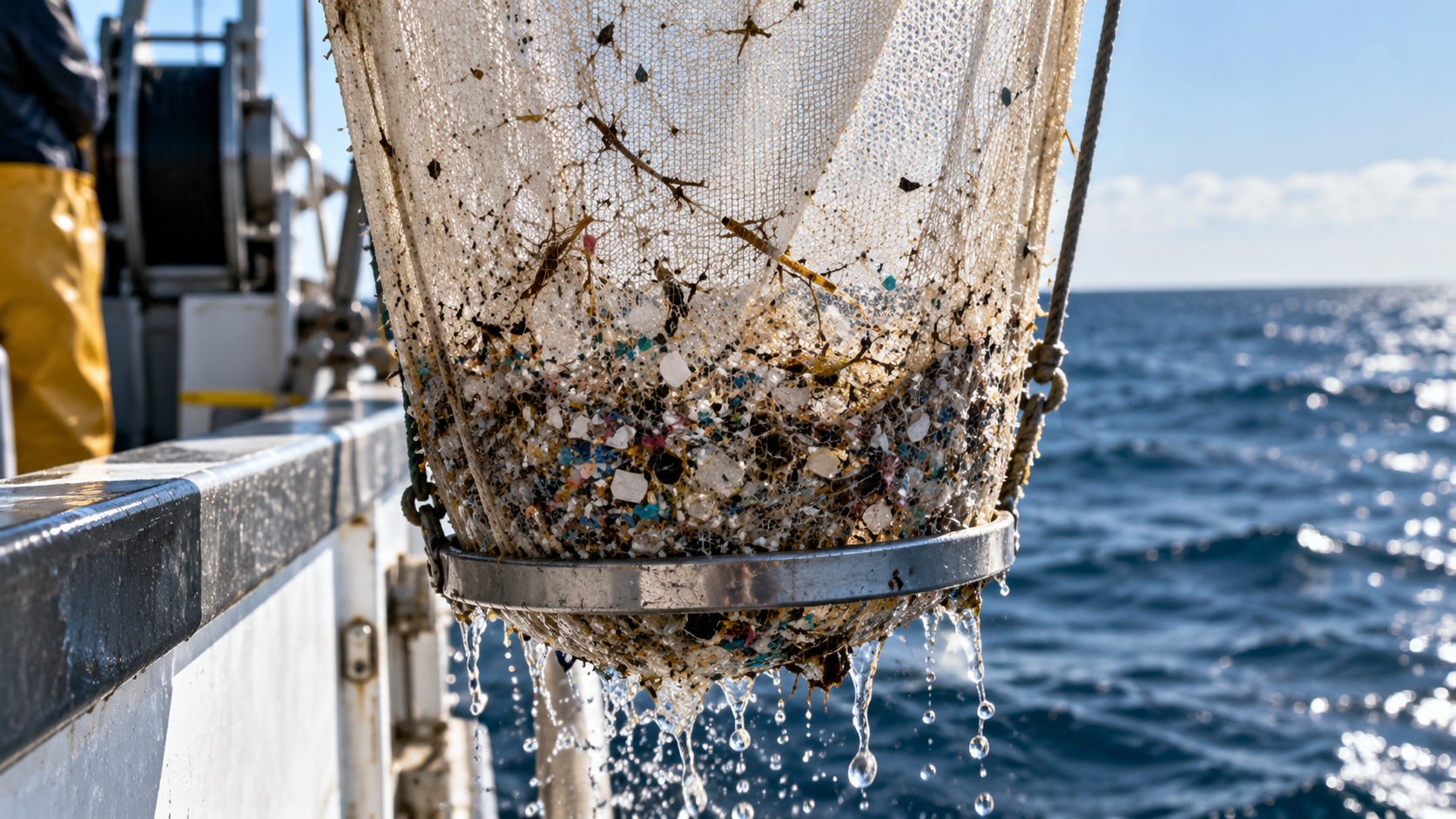 Filet de prélèvement scientifique remonté à bord d’un bateau, garni de minuscules fragments de plastique.
