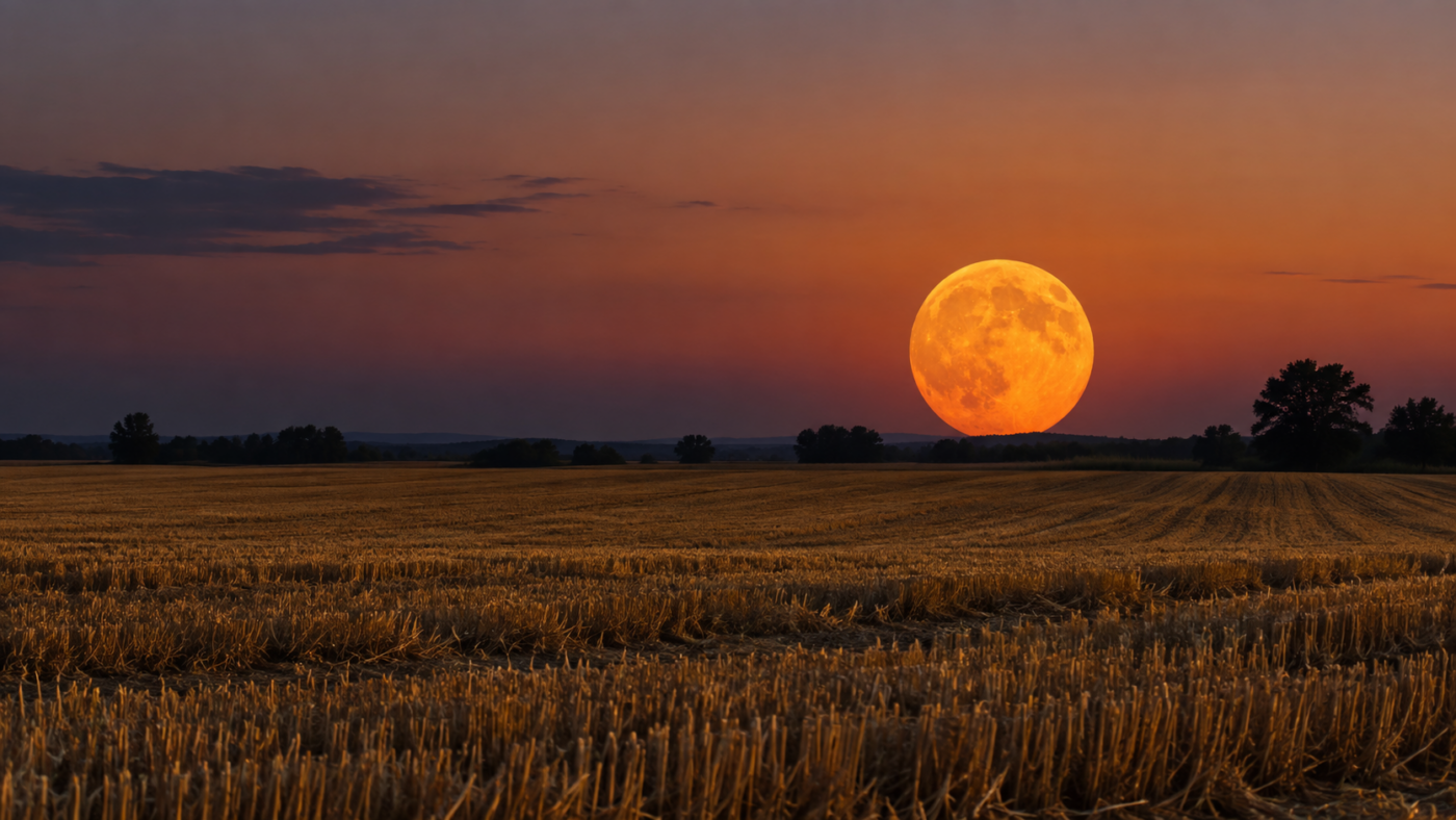 Grosse lune orangée juste au-dessus d'un champ de blé moissonné, au crépuscule.