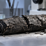 Un petit rouleau de papyrus carbonisé, noir et fendu, posé sur une paillasse de laboratoire sous une lumière froide.
