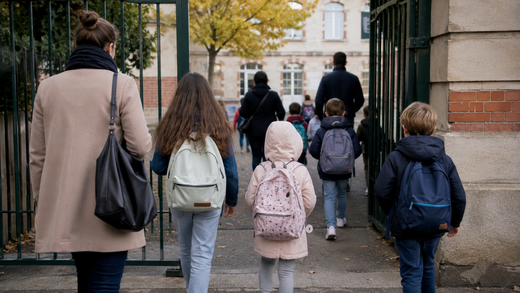 Vus de dos, des élèves et des adultes franchissent le portail d’une école primaire publique française.