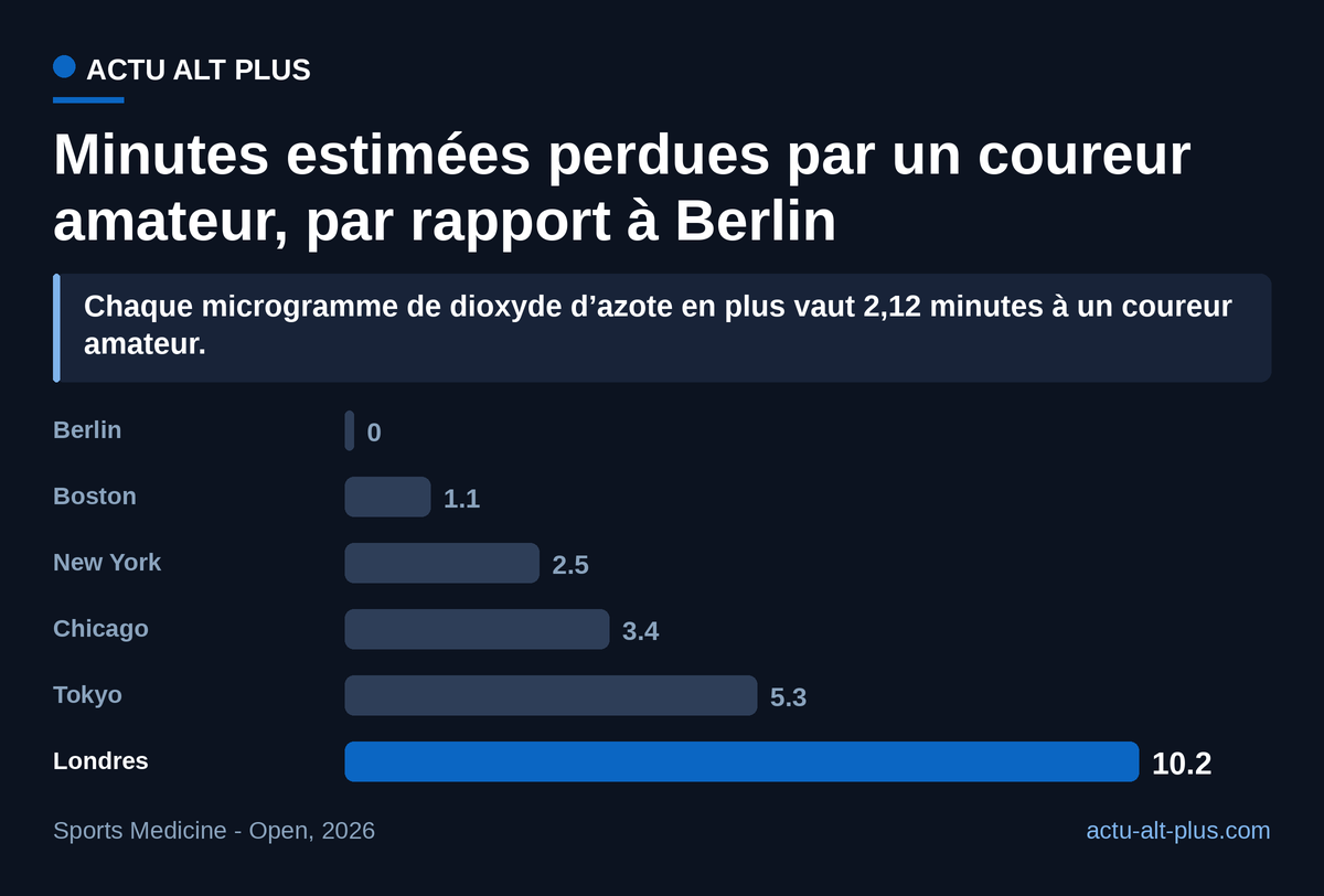 Londres coûte environ dix minutes d’air de plus que Berlin à un coureur du dernier décile. Estimation appliquée aux seules médianes de dioxyde d’azote des éditions 2010-2024, les autres facteurs de course restant hors calcul.