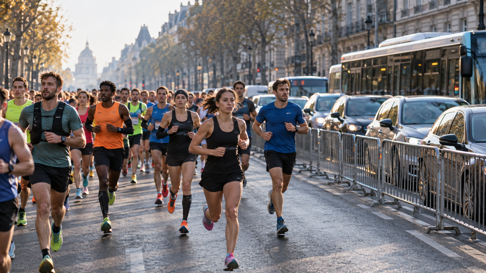 Coureurs du milieu de peloton sur un boulevard urbain, bus et voitures immobilisés derrière les barrières de la voie voisine.