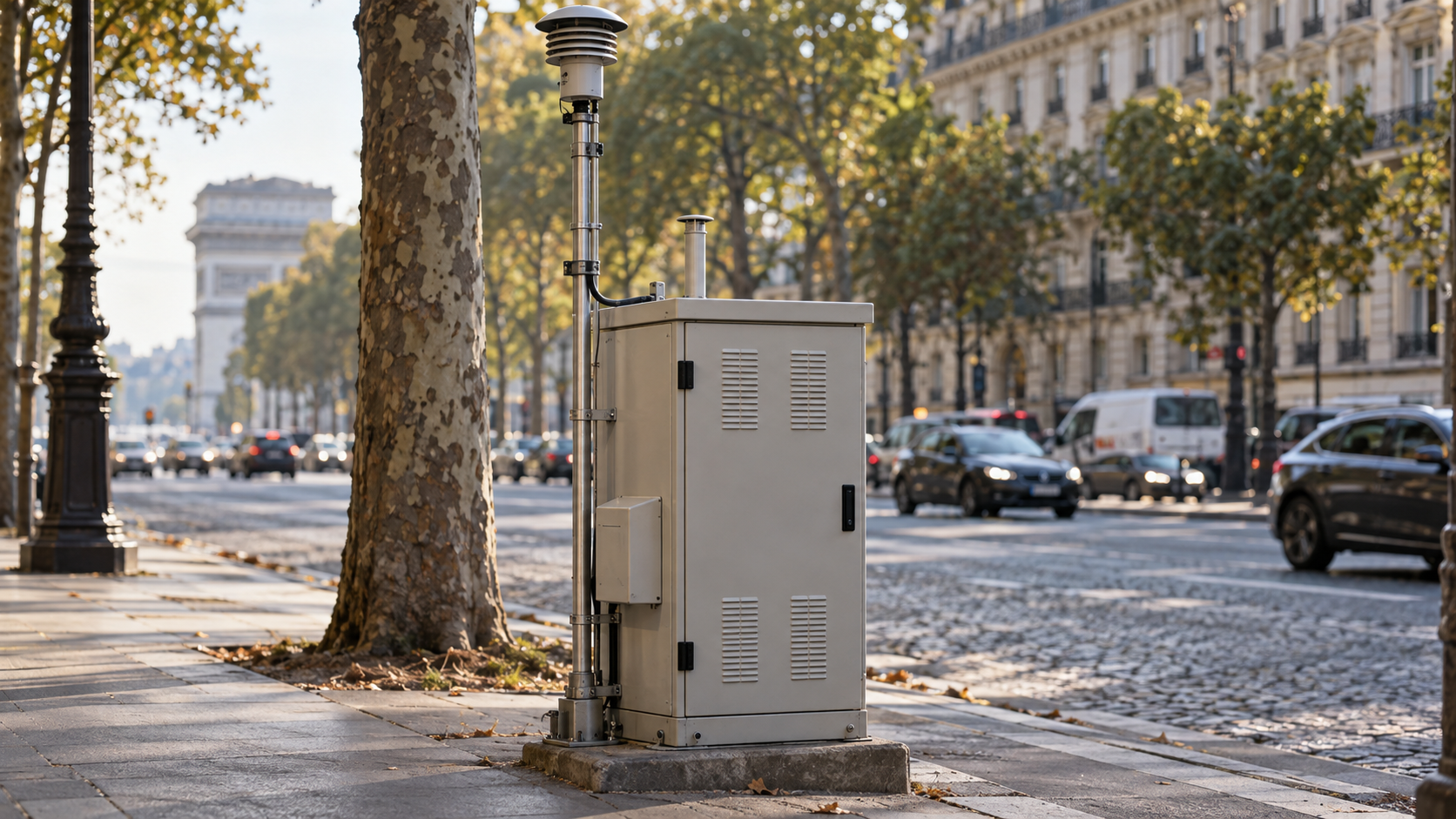 Armoire de mesure de la qualité de l’air et sa canne de prélèvement sur le trottoir d’une large avenue parisienne bordée d’arbres, trafic flou à l’arrière-plan.